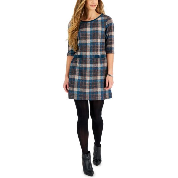 Connected Apparel Womens Green Plaid Short Shift Dress Petites 6P BHFO 7472