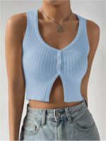 COZYEASE Women's Button Front Ribbed Knit Crop Tank Top Scoop Neck Sleeveless Casual Plain Crop Top