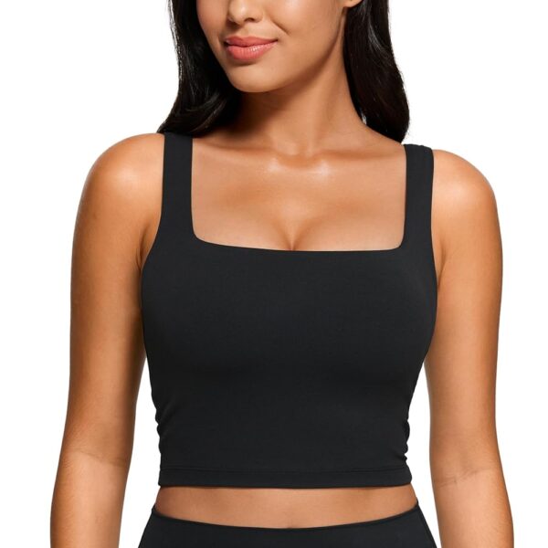 CRZ YOGA Butterluxe Womens Square Neck Longline Sports Bra - Workout Crop Tank Tops Padded with Built in Shelf Yoga Bra