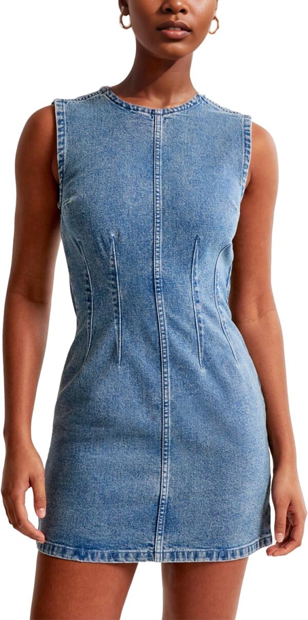 Daacee Women’s Sleeveless Bodycon Denim Mini Dress Casual Waist Tucks Tank Jean Dresses