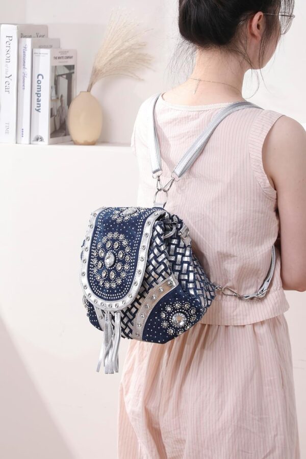 Denim Bag Jeans Tote Bag Fashion Women Handbag Multifunctional Backpack Shoulder Bag with Diamond and Tassel (Silver)