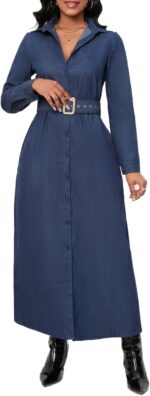 Denim Maxi Shirt Dress for Women Long Sleeve Button Down Belted Casual Dress Prom Dress with Pockets