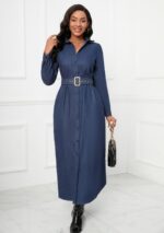 Denim Maxi Shirt Dress for Women Long Sleeve Button Down Belted Casual Dress Prom Dress with Pockets