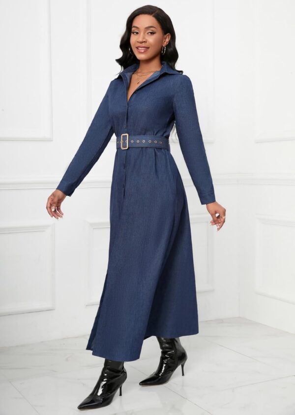 Denim Maxi Shirt Dress for Women Long Sleeve Button Down Belted Casual Dress Prom Dress with Pockets