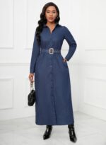 Denim Maxi Shirt Dress for Women Long Sleeve Button Down Belted Casual Dress Prom Dress with Pockets