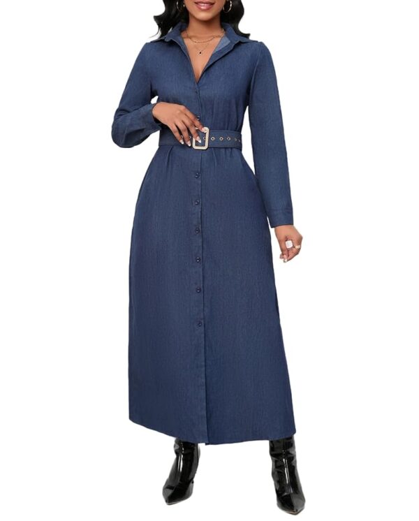 Denim Maxi Shirt Dress for Women Long Sleeve Button Down Belted Casual Dress Prom Dress with Pockets