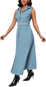 Denim Maxi Shirt Dress for Women Long Sleeve Button Down Belted Casual Dress Prom Dress with Pockets