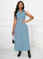 Denim Maxi Shirt Dress for Women Long Sleeve Button Down Belted Casual Dress Prom Dress with Pockets