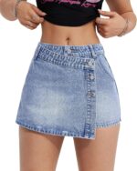 Denim Skort Skirts Women Casual High Waisted Solid Button Up Asymmetrical Denim Jean Shorts Mini Shorts.