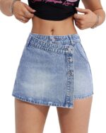 Denim Skort Skirts Women Casual High Waisted Solid Button Up Asymmetrical Denim Jean Shorts Mini Shorts.