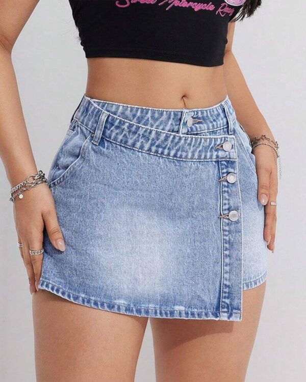 Denim Skort Skirts Women Casual High Waisted Solid Button Up Asymmetrical Denim Jean Shorts Mini Shorts.