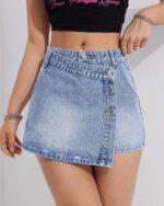 Denim Skort Skirts Women Casual High Waisted Solid Button Up Asymmetrical Denim Jean Shorts Mini Shorts.