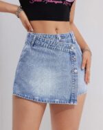 Denim Skort Skirts Women Casual High Waisted Solid Button Up Asymmetrical Denim Jean Shorts Mini Shorts.