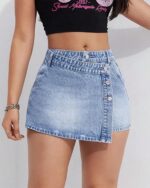 Denim Skort Skirts Women Casual High Waisted Solid Button Up Asymmetrical Denim Jean Shorts Mini Shorts.