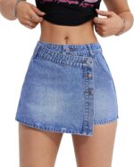 Denim Skort Skirts Women Casual High Waisted Solid Button Up Asymmetrical Denim Jean Shorts Mini Shorts.