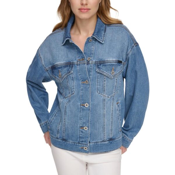 DKNY Womens Blue Trucker Oversized Jean Denim Jacket Outerwear S BHFO 6727