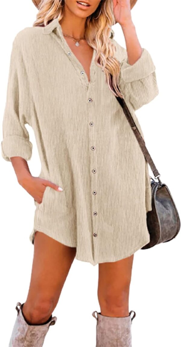 Dokotoo Women's Corduroy Long Sleeve Button Down Shirts Tunic Dresses with Pockets