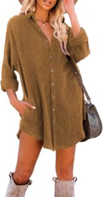 Dokotoo Women's Corduroy Long Sleeve Button Down Shirts Tunic Dresses with Pockets