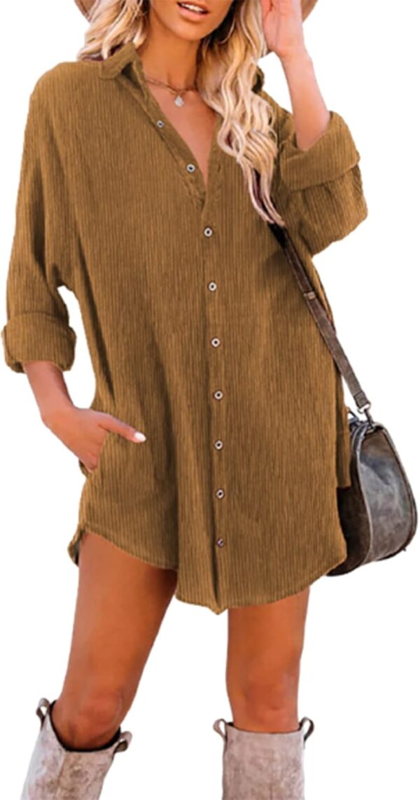 Dokotoo Women's Corduroy Long Sleeve Button Down Shirts Tunic Dresses with Pockets