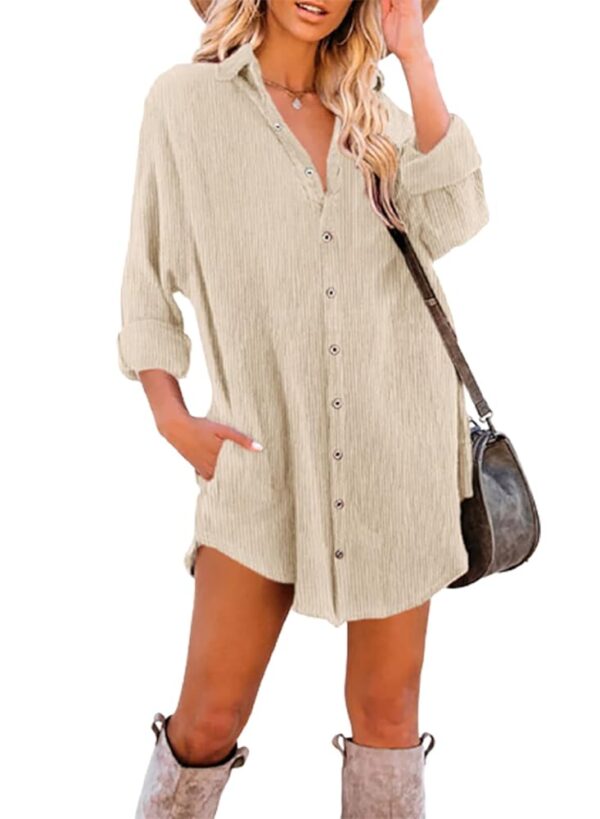 Dokotoo Women's Corduroy Long Sleeve Button Down Shirts Tunic Dresses with Pockets