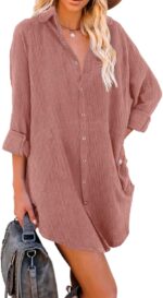 Dokotoo Women's Corduroy Long Sleeve Button Down Shirts Tunic Dresses with Pockets