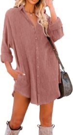 Dokotoo Women's Corduroy Long Sleeve Button Down Shirts Tunic Dresses with Pockets