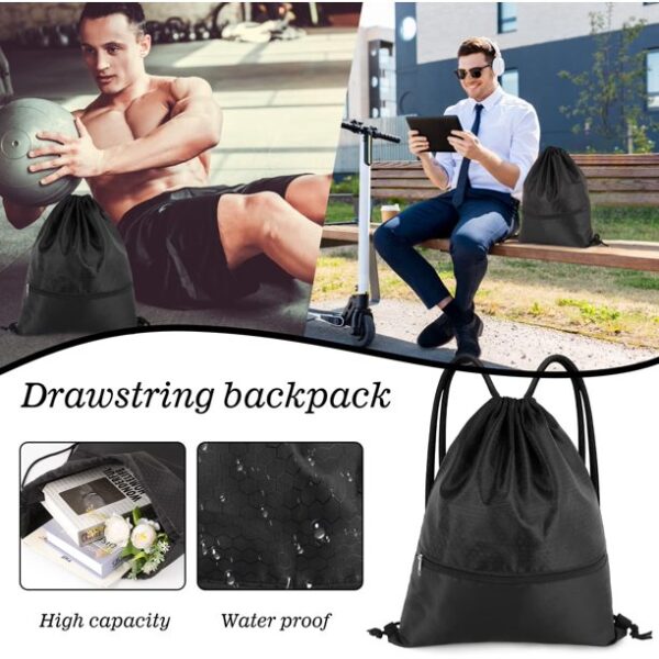 Drawstring Backpack Bag, Waterproof Draw String Back Sack with Zip Pocket, Gym Drawstring Bags Swim Bag for Men Women