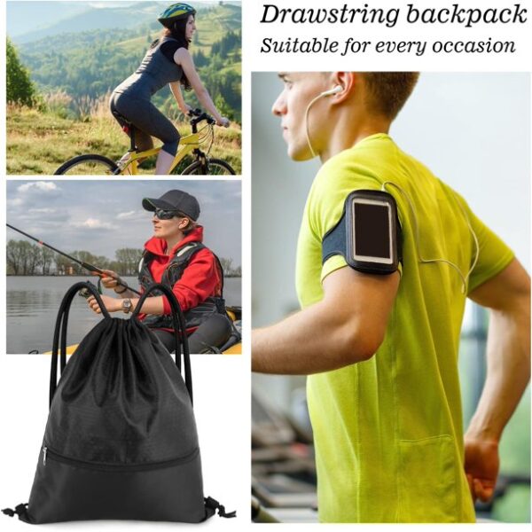 Drawstring Backpack Bag, Waterproof Draw String Back Sack with Zip Pocket, Gym Drawstring Bags Swim Bag for Men Women