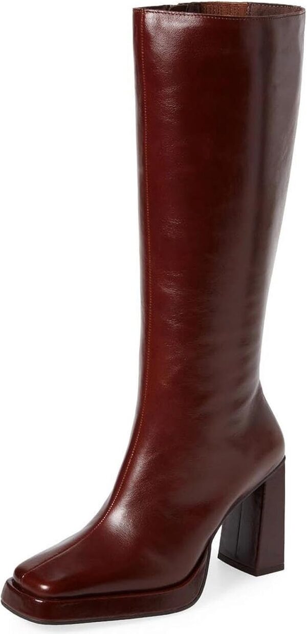 Dsevht Dark Red Leather Knee High Boots for Women Platform Chunky Block Heeled Burgundy Boots Square Toe and Side Zipper Design Fashion Dress 70s Gogo Boots