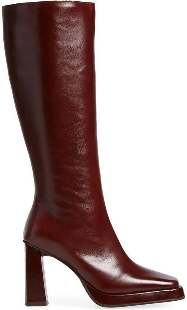 Dsevht Dark Red Leather Knee High Boots for Women Platform Chunky Block Heeled Burgundy Boots Square Toe and Side Zipper Design Fashion Dress 70s Gogo Boots