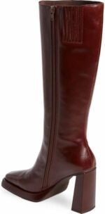 Dsevht Dark Red Leather Knee High Boots for Women Platform Chunky Block Heeled Burgundy Boots Square Toe and Side Zipper Design Fashion Dress 70s Gogo Boots