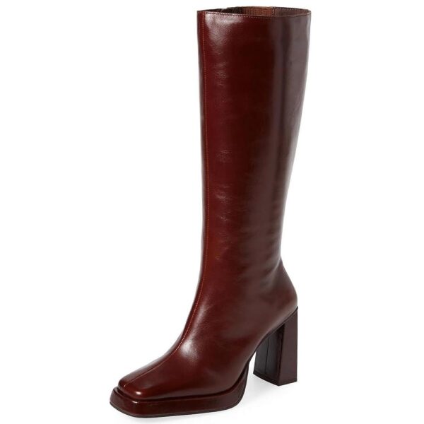 Dsevht Dark Red Leather Knee High Boots for Women Platform Chunky Block Heeled Burgundy Boots Square Toe and Side Zipper Design Fashion Dress 70s Gogo Boots