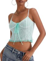 DSORVICD Women Y2k Lace Cami Top Fairy See Through Spaghetti Strap Sleeveless Backless Crop Tank Top Sexy Going Out Top