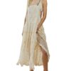 ebossy Women's Laced Embroidered Tulle Bib Dress Casual Loose Adjustable Straps Maxi Dress