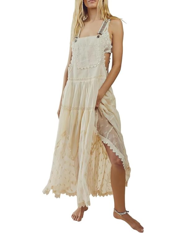 ebossy Women's Laced Embroidered Tulle Bib Dress Casual Loose Adjustable Straps Maxi Dress