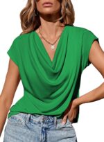 EVALESS Shirts for Women Fashion 2024 Cowl Neck Tops for Women Dressy Casual Short Sleeve Clothes Summer Outfits