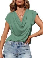 EVALESS Shirts for Women Fashion 2024 Cowl Neck Tops for Women Dressy Casual Short Sleeve Clothes Summer Outfits