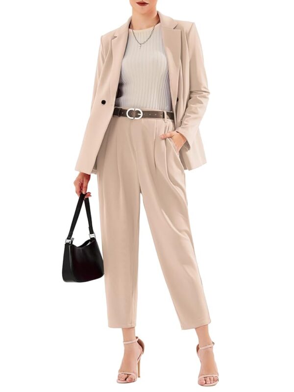 EXLURA Women's Business Blazer and High Elastic Waist Pant Suit Set Loose Fit Casual Fall Winter 2 Piece Suits for Work