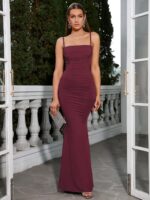 EYNMIN Women's Sleeveless Bodycon Corset Maxi Dress Spaghetti Strap Ruched Elegant Evening Party Long Dresses