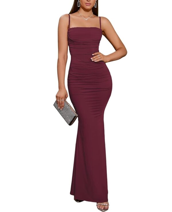 EYNMIN Women's Sleeveless Bodycon Corset Maxi Dress Spaghetti Strap Ruched Elegant Evening Party Long Dresses