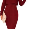 Ezbelle Women's Long Sleeve Sweater Dresses 2 Piece Outfits Sets Ribbed Knit Crop Tops and Tank Bodycon Midi Dress