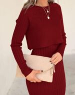 Ezbelle Women's Long Sleeve Sweater Dresses 2 Piece Outfits Sets Ribbed Knit Crop Tops and Tank Bodycon Midi Dress