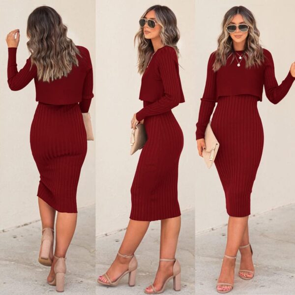 Ezbelle Women's Long Sleeve Sweater Dresses 2 Piece Outfits Sets Ribbed Knit Crop Tops and Tank Bodycon Midi Dress