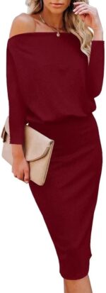 Ezbelle Women's Off The Shoulder 3/4 Sleeve Batwing HIPS-Wrap Pencil Party Sexy Bodycon Midi Dress