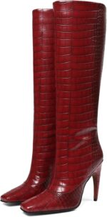 femflame Knee High Boots for Women Wide Calf Long Boots Suede Square Toe Pull On Stiletto Heel Tall Boots