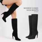 femflame Knee High Boots for Women Wide Calf Long Boots Suede Square Toe Pull On Stiletto Heel Tall Boots