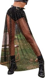 Floerns Women's 2 in 1 Lace Sheer Mesh High Waist Galaxy Print A Line Maxi Skirt