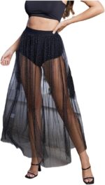 Floerns Women's 2 in 1 Lace Sheer Mesh High Waist Galaxy Print A Line Maxi Skirt