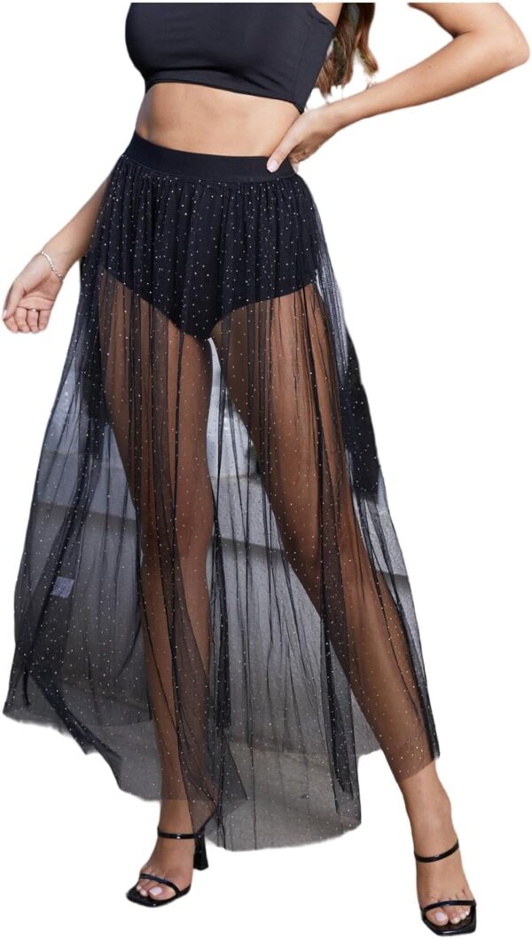 Floerns Women's 2 in 1 Lace Sheer Mesh High Waist Galaxy Print A Line Maxi Skirt