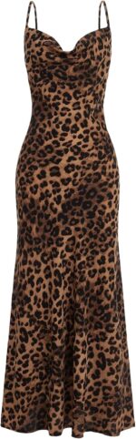 Floerns Women's Leopard Print Draped Collar Spaghetti Strap Cami Long Dress